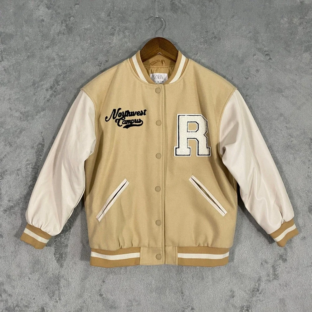 Zara Varsity Jacket Kids Size 10 Tan Northwest Campus Letterman‎ Bomber Jacket
